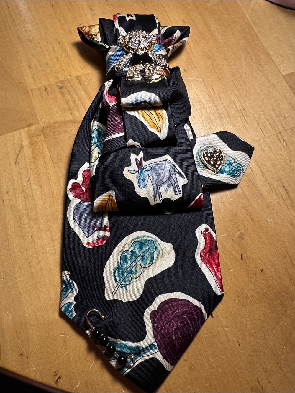 Save The Children Silk Necklace Tie with Teddy Bear and Heart Embellishment